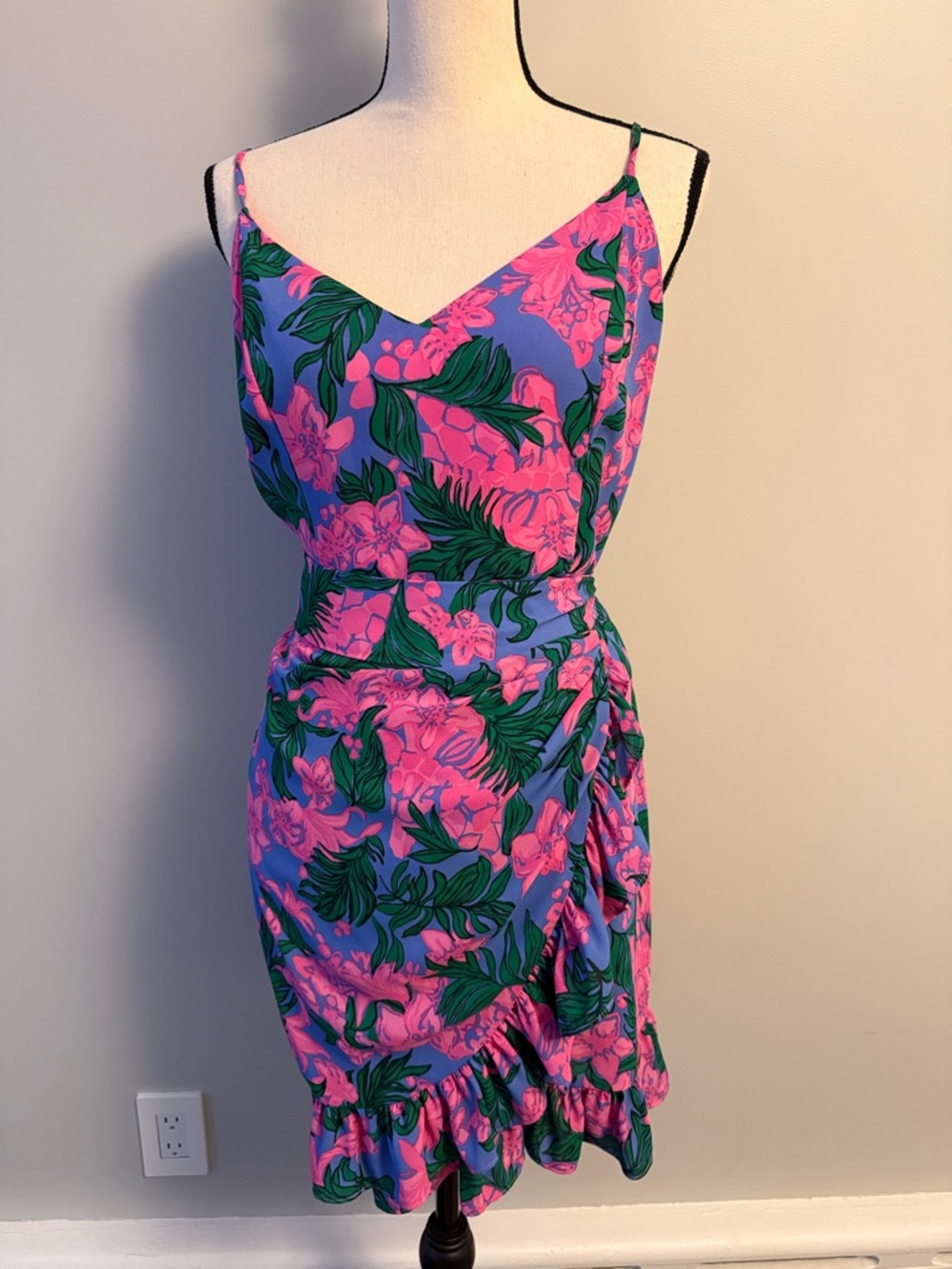 Floral Pink & Green Wrap Midi Dress